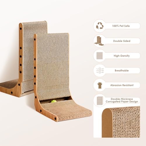 EHEYCIGA Cardboard Cat Scratcher for Indoor Cats, 26.8 Inch L Shaped Vertical Cat Scratching Board with Ball Cat Toy, Large Cat Scratcher Pad, Brown (Pack of 2) - Image 2
