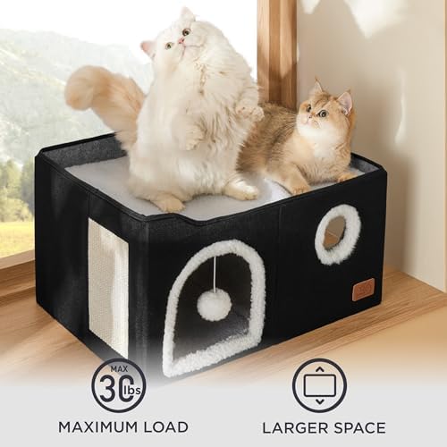 Bedsure Extra Wide Cat House Bed with Fluffy Ball and Scratch Pad,Black - Image 4