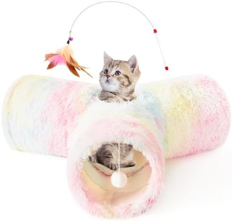 Tempcore Plush Pet Cat Tunnel Tube Cat Toys 3 Way Collapsible, Tunnels for Indoor Cats，Kitty Tunnel Bored Pet Toys Peek Hole Ball Puppy, Kitty, Kitten, Rabbit Rainbow by Tempcore