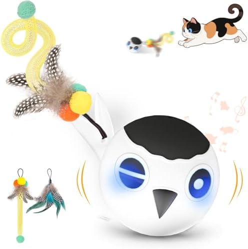 Cat Ball Toy, Upgraded Smart Motion Sensor Moving Ball with 3 Speed Modes & 4 Sounds, Interactive Toy for Indoor Cats, Motion Activated, Chirping Light, 2 Feather Tails(White) by KIWILOVE