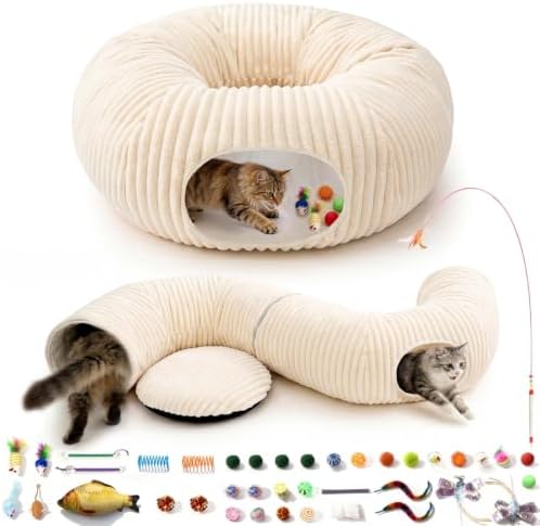Cat Tunnel Bed with 40 Pcs Interactive Cat Toys, White by MOYMO