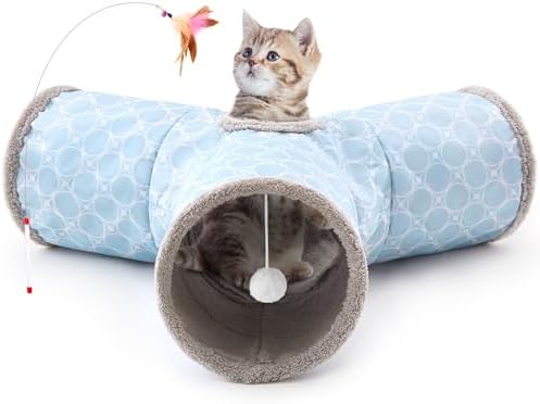 Tempcore Cat Tunnel, 3-Way Collapsible Toy for Indoor Cats, Geometry Blue by Tempcore