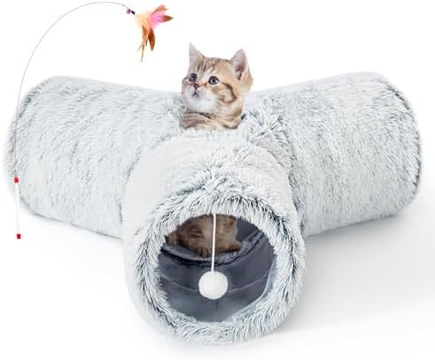Tempcore Plush Cat Tunnel, 3-Way Collapsible Toy for Indoor Cats, Grey by Tempcore
