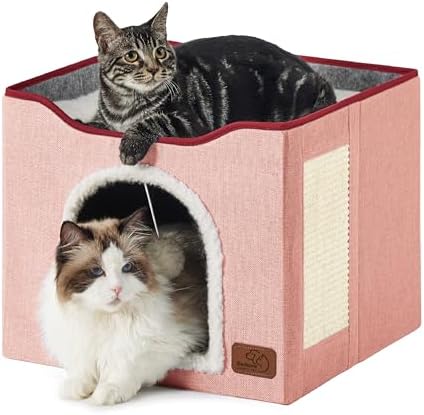 Bedsure Cat Beds for Indoor Cats - Large Cat Cave for Pet Cat House with Fluffy Ball Hanging and Scratch Pad, Foldable Cat Hideaway,16.5x16.5x13 inches, Pink by Unknown