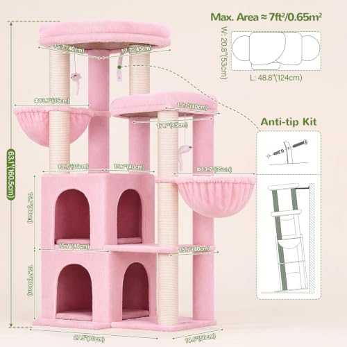 Globlazer Cat Tree Tower for Indoor Cats, Sturdy Adult Cat Tree House for Large Adult Cats with 2 Platform, 6 Cat Scratching Post, 2 Cat Caves, Dangling Toys, S63, 63 inch, Pink - Image 6