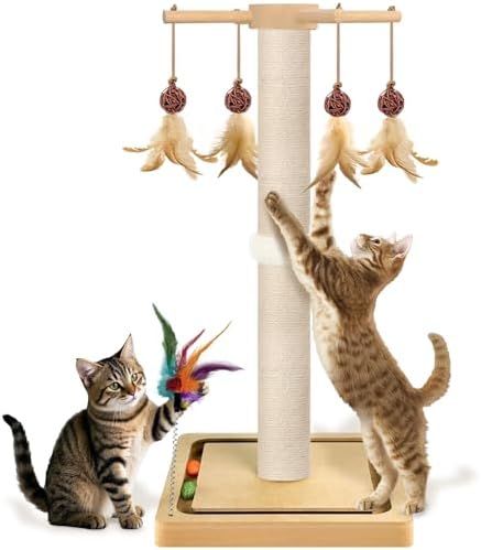 Tall Cat Scratching Post, 33 Inch Sisal Scratcher with Toys for Large Cats by Awarmhome