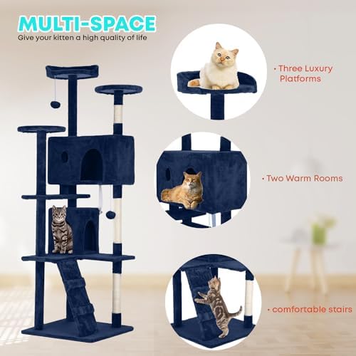 FDW | 70" Cat Tree Tower | Navy Blue | Multi-Level Indoor Activity Center - Image 5
