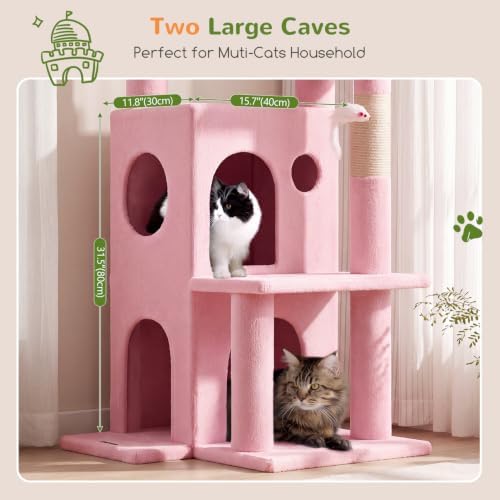 Globlazer Cat Tree Tower for Indoor Cats, 50-inch Adult Cat Tree House for Large Adult Cats with Steps, Scratching Post, 2 Cat Caves, Dangling Toys, FC50, Pink - Image 4