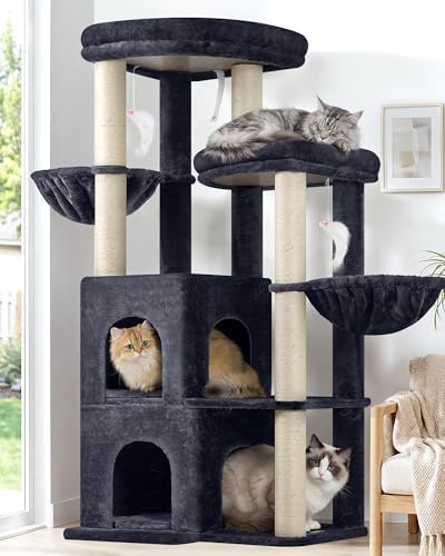 Globlazer Cat Tree Tower for Indoor Cats, Sturdy Adult Cat Tree House for Large Adult Cats with 2 Platform, 6 Cat Scratching Post, 2 Cat Caves, Dangling Toys, S63, 63 inch, Dark Grey by Globlazer