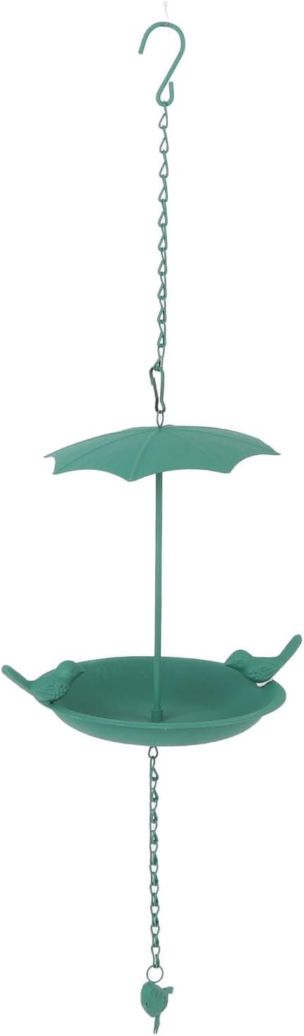 Hanging Bird Feeder, Metal Large Capacity Hanging Bath Tray Bird Water Feeder with Umbrella Top for Outdoor Garden Patio(Green)