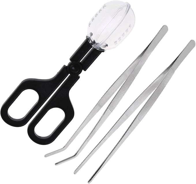 3in1 Feeding Tool Reptile Feeding Tongs Cricket Clamp Bug Scooper, Cleaning Supplies Scooper+ 2x Tweezers for Reptile, Hedgehog, Hamsters, Guinea Pig,Lizard, Spider Bearded Dragon (Black)
