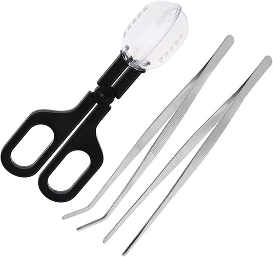3in1 Feeding Tool Reptile Feeding Tongs Cricket Clamp Bug Scooper, Cleaning Supplies Scooper+ 2x Tweezers for Reptile, Hedgehog, Hamsters, Guinea Pig,Lizard, Spider Bearded Dragon (Black)