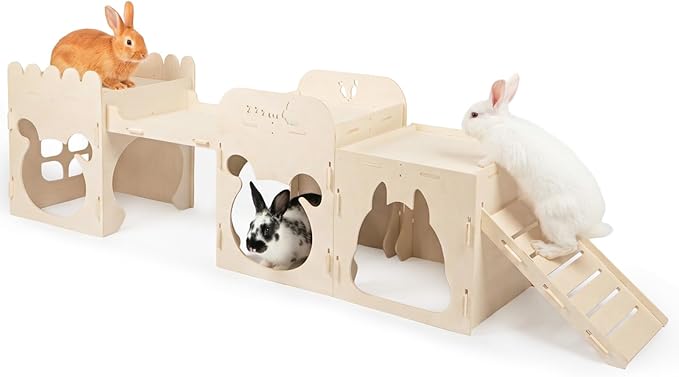 Extra Large Rabbit Castle, Wooden Bunny House & Training Bridge, Detachable Rabbit Hideaway, Indoor Hamster Castle with Ramp, Small Animal Houses & Habitats for Guinea Pig Chinchilla Ferret(2+1 House)