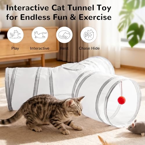 Tempcore Cat Tunnel, 3-Way Collapsible Toy for Indoor Cats, White & Grey - Image 2