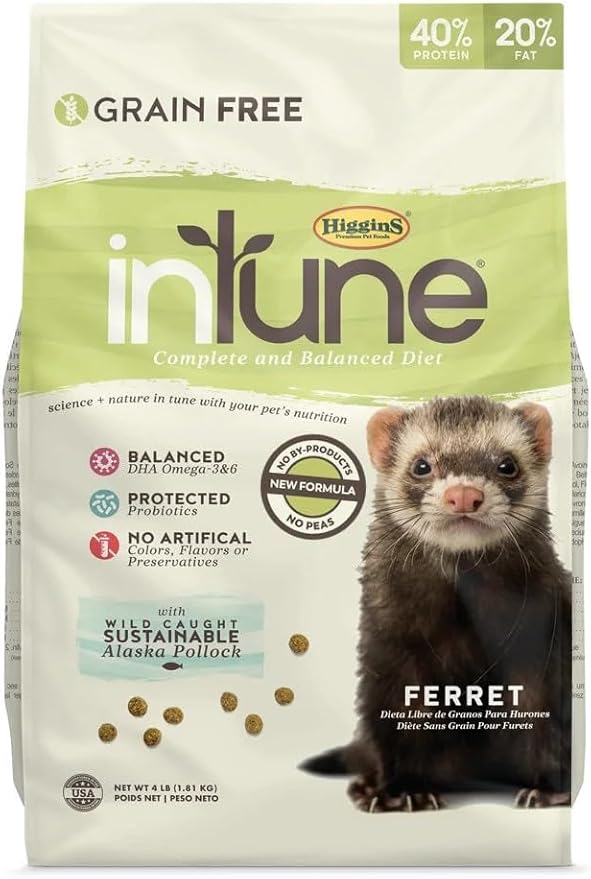 Higgins Intune Ferret Food & Treat Bundle Intune Ferret Diet 4lbs & Intune Duets Ferret Treats (Chicken Meal/Salmon) 3.04oz.