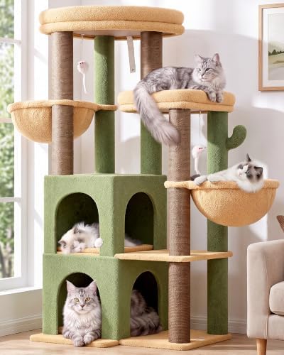 Globlazer Cat Tree Tower for Indoor Cats, Sturdy Adult Cat Tree House for Large Adult Cats with 2 Platform, 6 Cat Scratching Post, 2 Cat Caves, Dangling Toys, S63, 63 inch, Green by Globlazer
