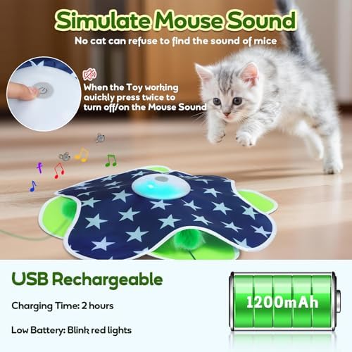 Saolife Interactive Cat Toys with Moving Feather Concealed in Mat, Motion Activated, Mouse Squeaky, Rechargeable Cat Exercise Toys for Bored Cats - Image 5