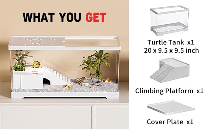 Turtle Fish Tank with Basking Platform and Bottom Drainage, 20" x 9.5" x 9.5" Aquatic Turtle Tank for Juvenile Turtle, Crayfish, Crabs, Amphibians, Reptiles, PC Material, White Color