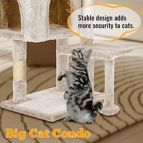 FDW 37.8 inch Cat Tree Cat Tower for Indoor Cats with Scratching Posts,Multi-Level Cat Furniture Activity Center Stand House Cat Condo Modern Cat Tower with Hanging Cradle & Funny Toy,Beige - Image 6