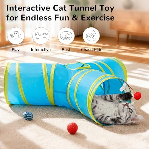 Tempcore Cat Tunnel, 3-Way Collapsible Toy for Indoor Cats, Blue & Yellow - Image 3