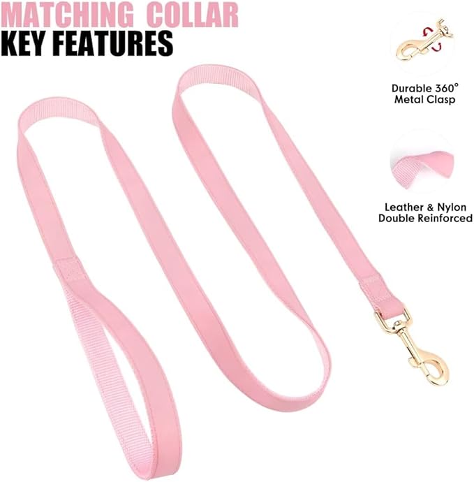 PET ARTIST Soft PU Leather Dog Collar and Leash Set, Bright & Stylish 5FT PU Leather Leash and Collar Set, Durable Pet Collars with Quick Release Metal Buckle for Medium Dogs,Pink,M(13-19")