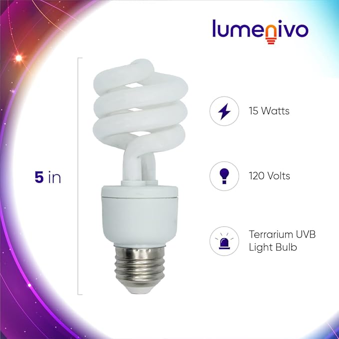 lumenivo UVB Reptile Light 15W 10.0 Desert Terrarium UVB Bulb for Bearded Dragon, Dwarf Monitors, Veiled Chameleons - Simulates UVB from The Sun to Help in Calcium Absorption - 120V - 2 Pack