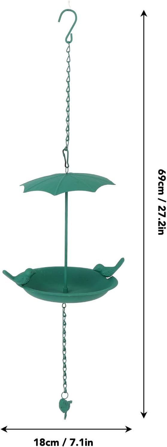Hanging Bird Feeder, Metal Large Capacity Hanging Bath Tray Bird Water Feeder with Umbrella Top for Outdoor Garden Patio(Green)