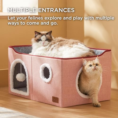 Bedsure Extra Wide Cat House Bed with Fluffy Ball and Scratch Pad,Pink - Image 2