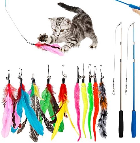 JIARON Cat Toys Interactive Feather Toy, 2PCS Retractable Wand and 10PCS Replacement Teaser with Bell Refills, Interactive Catcher and Funny Exercise for Kitten. by JIARON