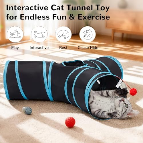 Tempcore Cat Tunnel, 3-Way Collapsible Toy for Indoor Cats, Black & Blue - Image 3