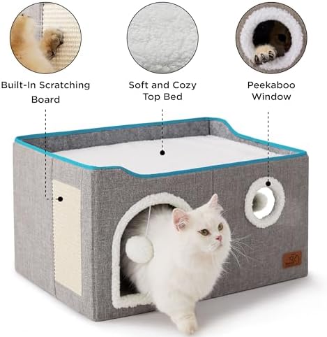 Bedsure Extra Wide Cat House Bed with Fluffy Ball and Scratch Pad,Grey - Image 5