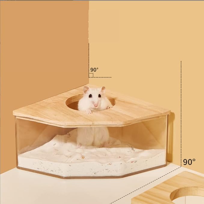 Pssopp Hamster Bath Box, Right Angle Fan Acrylic Safe Hamster Sand Bathroom with Wood Cover for and Other Small Pet Hamster