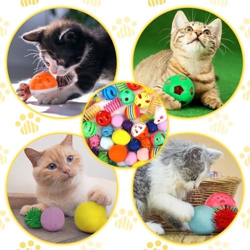 QUOZUO Kitten Toys, 60PCS Cat Balls Springs Toy Set, Cat Mouse Toy, Kitten Sparkle Crinkle Balls Furry Soft Pom Pom - Image 6