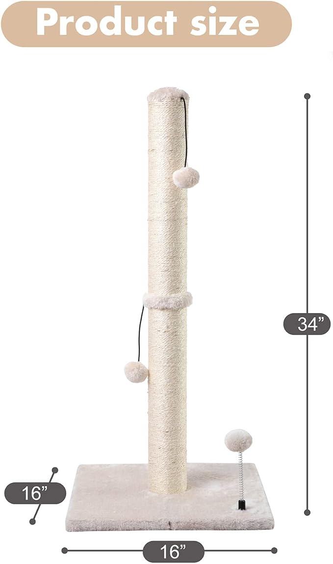 MECOOL 34” Tall Cat Scratching Post Premium Basics Kitten Scratcher Sisal Scratch Posts Trees with Hanging Ball for Indoor Cats, Beige - Image 4