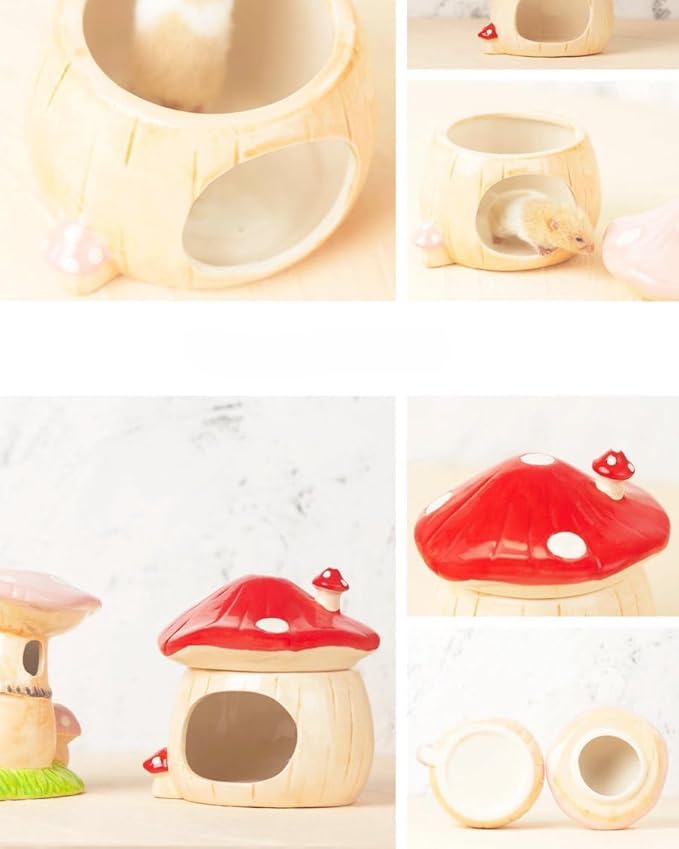 Ceramic Mushroom Hamster Hideout with Detachable Lid (Pink) - Cute Hamster House, Habitat Decor for Dwarf Rabbits, Guinea Pigs, Chinchillas, and Small Pets