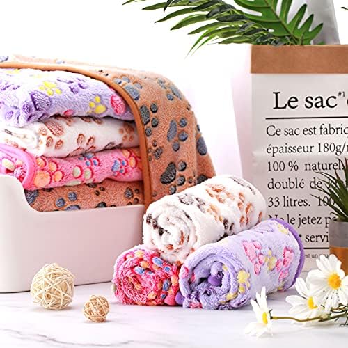 Tatuo 4 Pcs Dog Blanket for Pet Cat Blankets Indoor Puppy Teething Stuff Toys Paw Print Fleece Blanket Warm Sleep Mat for Guinea Pig Cage(White, Coffee, Pink, Purple,Small(24 x 16 Inch),Square)