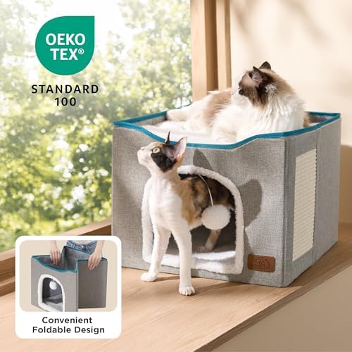 Bedsure Cat House Bed for Indoor Cats with Fluffy Ball and Scratch Pad,Grey - Image 3