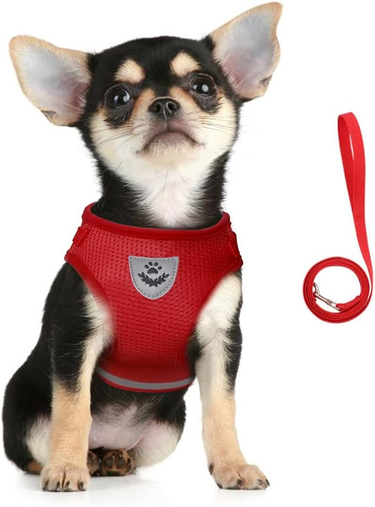 FEimaX Dog Harness and Leash Set for Walking, Soft Mesh Adjustable Easy Control Lightweight Cat Vest Harnesses with Reflective Strips, Escape Proof Small Dogs Cats Vests (Red, Medium)