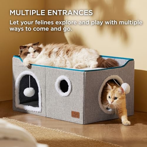 Bedsure Extra Wide Cat House Bed with Fluffy Ball and Scratch Pad,Grey - Image 2