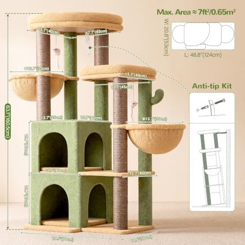 Globlazer Cat Tree Tower for Indoor Cats, Sturdy Adult Cat Tree House for Large Adult Cats with 2 Platform, 6 Cat Scratching Post, 2 Cat Caves, Dangling Toys, S63, 63 inch, Green - Image 6
