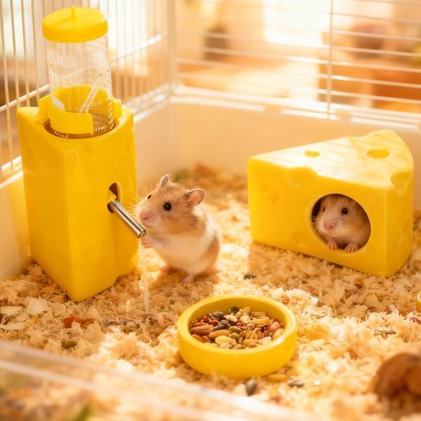 Ceramic Hamster Habitat Set, 3-Piece Cute Cheese Design – Water Bottle (3.9oz), Food Bowl & Cooling Hideout House for Dwarf Hamsters, Gerbils, and Small Pets – Easy to Clean & Chew-Resistant