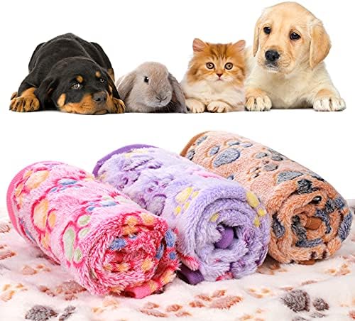 Tatuo 4 Pcs Dog Blanket for Pet Cat Blankets Indoor Puppy Teething Stuff Toys Paw Print Fleece Blanket Warm Sleep Mat for Guinea Pig Cage(White, Coffee, Pink, Purple,X-Large(41 x 30 Inch),Square)