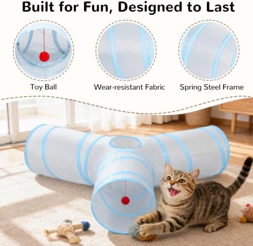 Tempcore Cat Tunnel, 3-Way Collapsible Toy, Large Size Light Grey & Blue - Image 5
