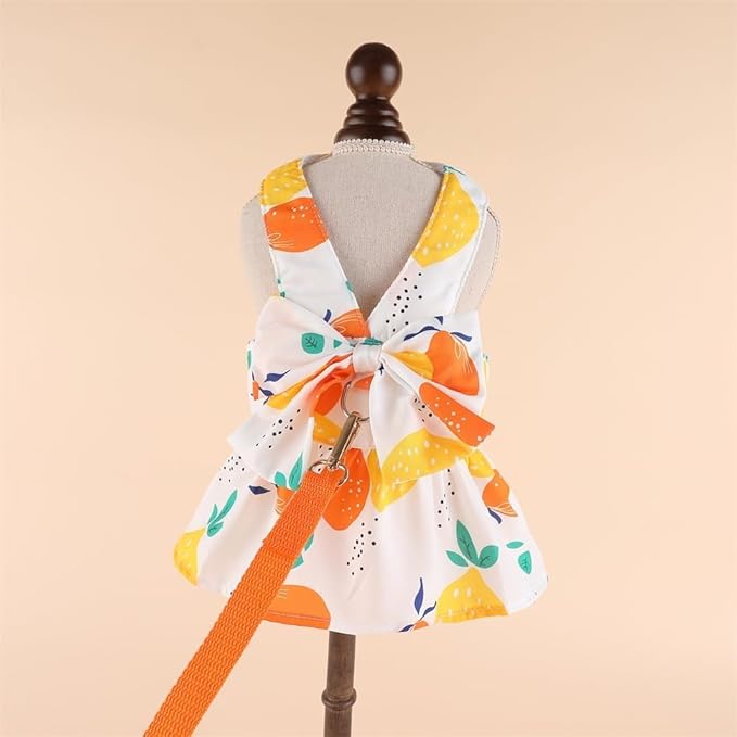 Dog Dress Bowknot Harness Leash Set for Small Girl Dogs Yellow Lemon Dog Cat Clothes Cute Puppy Outfits Pet Clothes Spring Summer Breathable Dresses(Large)