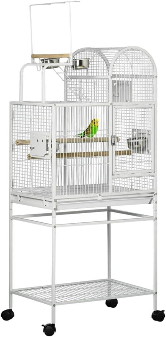 Bird Cage Outer Perch and Ladder,Hooks for Hanging Toys,Two Perches High-Security Latches,Removable Bottom Grate and Slide-Out Tray White