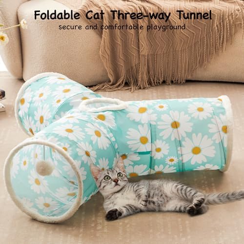 Tempcore Cat Tunnel, 3-Way Collapsible Toy for Indoor Cats, Daisy Blue - Image 3