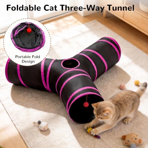 Tempcore Cat Tunnel, 3-Way Collapsible Toy, Large Size Black & Rose Red - Image 6