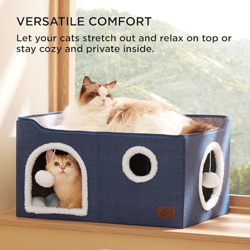 Bedsure Extra Wide Cat House Bed with Fluffy Ball and Scratch Pad,Blue - Image 3