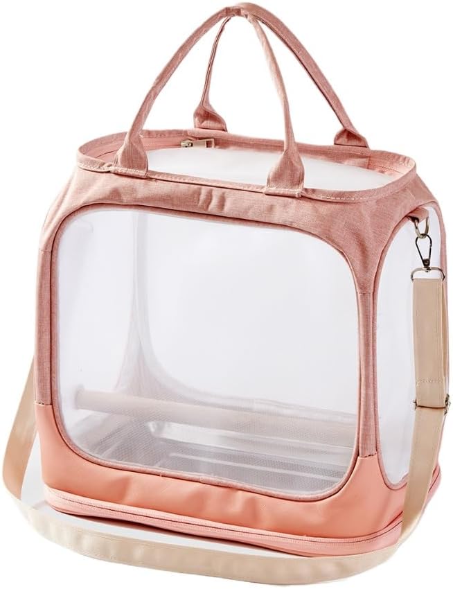 Transparent Bird Parrot Transport Cage Foldable Large Capacity Pet Carrier Bag Adjustable Shoulder Strap with Tray (Pink)