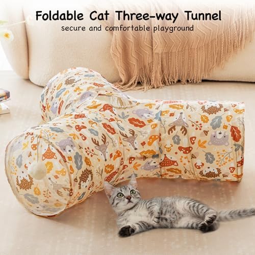 Tempcore Cat Tunnel, 3-Way Collapsible Toy for Indoor Cats, Beige Deer - Image 3